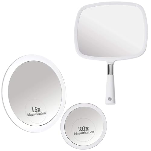 20X & 15X Magnifying Makeup Mirror Set with 3 Suction Cups Each - Compact & Travel Ready & Large Hand Held Mirror with Comfy Handle for Women and Men - Personal Barber Haircut Mirror