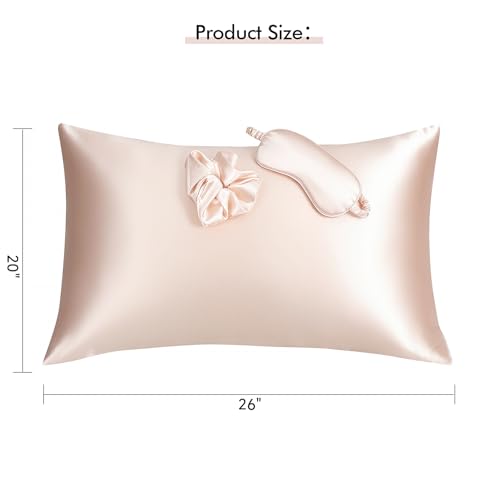 Vegan Silk Sleep Set, Vegan Silk Pillowcase with Large Scrunchie and Eye Mask for Hair and Skin, Self Care Essential Satin Night Routine Kit (Light Pink Color)