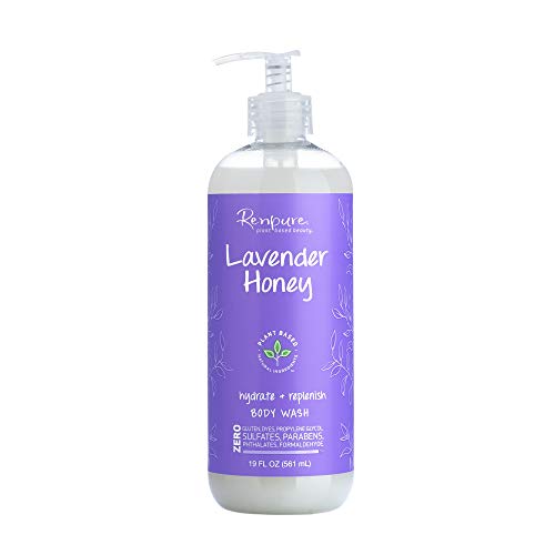 RENPURE Plant-Based Organic Natural Lavender Body Wash, Manuka Honey & Coconut Oil for Body ? Sulfate Free, Moisturizing Shower Gel & Sensitive Skin Body Wash with Pump for Women, 19 Ounce