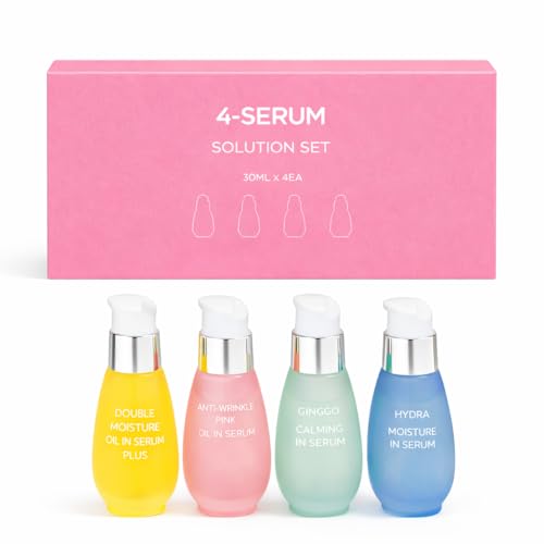 CHARMZONE Oil-in-Serum 4-Solution Set (1.01 fl.oz / 30ml x 4) ? Double Moisture, Anti-Wrinkle Pink, Ginkgo Calming, Hydra Moisture Serums for Face