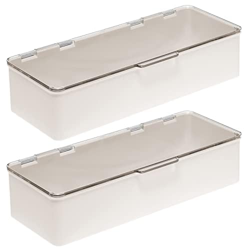 mDesign Long Plastic Cosmetic Storage Organizer Box Containers, Hinged Lid for Bedroom, Bathroom Vanity Shelf or Cabinet, Holds Masks, Palettes, Lotion, Nail Polish, 2 Pack, Cream/Beige/Clear