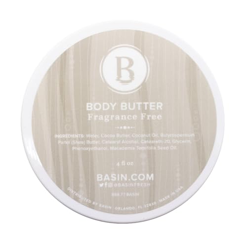 Basin Fragrance Free Body Butter - Natural Unscented Moisturizer with Shea Butter & Cocoa Butter - Sensitive Skin Body Cream for All Skin Types - Made in USA