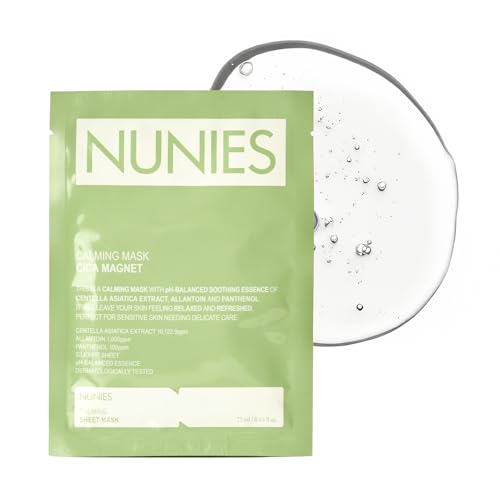 NUNIES Calming Sheet Mask ? Korean Soothing Face Mask for Redness & Sensitive Skin | CICA, Allantoin & Panthenol | pH-Balanced | Alcohol-Free, Fragrance-Free, Colorant-Free | 5 Sheets