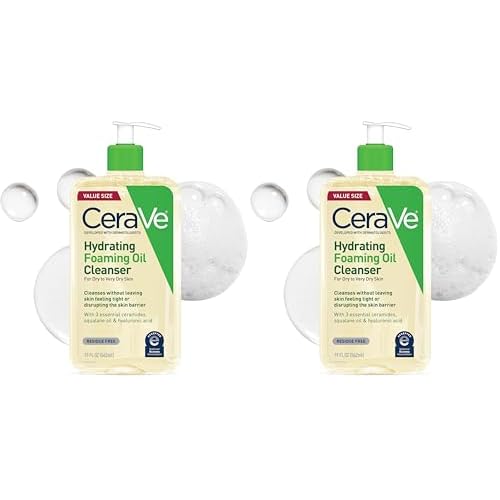 CeraVe Hydrating Foaming Oil Cleanser,Moisturizing Oil Cleanser for Face & Body,Squalane-Oil + Hyaluronic Acid + Ceramides,For Dry to Very Dry Skin,Fragrance Free & Residue Free,19 FL Oz,(Pack of 2)