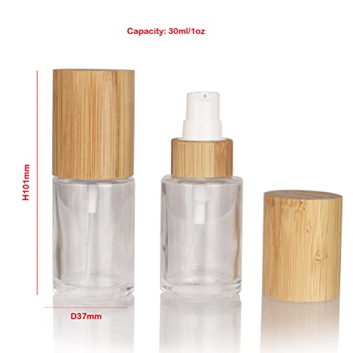 COSIDEA 6 pcs Empty 1oz / 30ml bamboo lids clear glass bottle with lotion pump dispenser, refillable emulsion cosmetic cream bottles, toiletries refill travel container