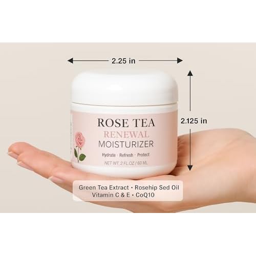 Rose Tea Renewal Moisturizer, Antioxidant Daily Face Cream with Green Tea, Rosehip Oil, Vitamin C, CoQ10, Peptides, 2 oz / 60 ml