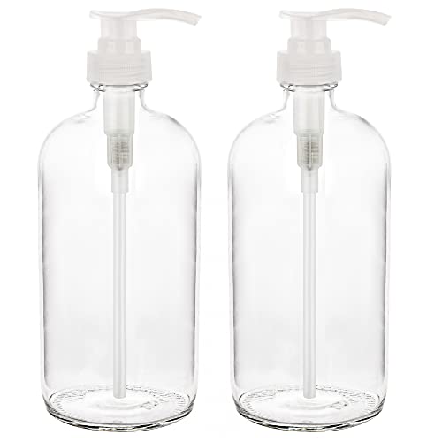 32-Ounce Large Clear Glass Boston Round Bottles w/Natural Color Pumps. Great for Lotions, Soaps,Oils, Sauces - Food Safe and Medical Grade - by kitchentoolz (Pack of 2)