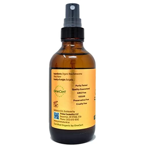 PRIME NATURAL Rose Water Spray 4oz/120ml, USDA Certified Organic, Facial Toner, Hydrating Mist for Face & Hair - Bulgarian, 100% Pure, Natural, Preservative-Free, Moisturizer from Fresh Rose Petals