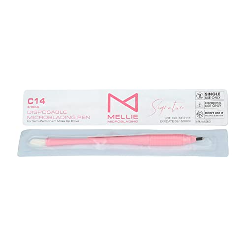 Mellie¡¯s Signature Microblading Pen ? Pack of 10 Disposable Eyebrow Tattoo Pens | Sterilized Blades C14 .18mm | Rubber Grip & Pigment Sponge | Professional Brow Tool (Pink)