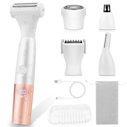 5-in-1 Bikini Trimmer Electric Razors for Women, Cordless Electric Shaver with LCD Display for Facial Body Legs Hair, Rechargeable Waterproof Pubic Body Hair Trimmer Holiday Birthday Gifts for Women