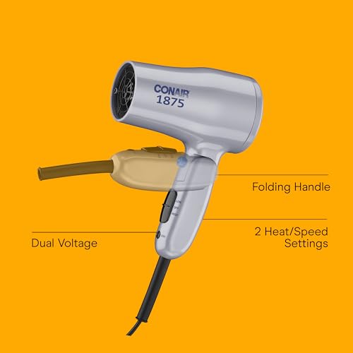 Conair Compact Hair Dryer with Folding Handle, 1875W Travel Blow Dryer with Diffuser and Concentrator Attachments, 2 Heat & 2 Speed Settings, Dual Voltage, Grey