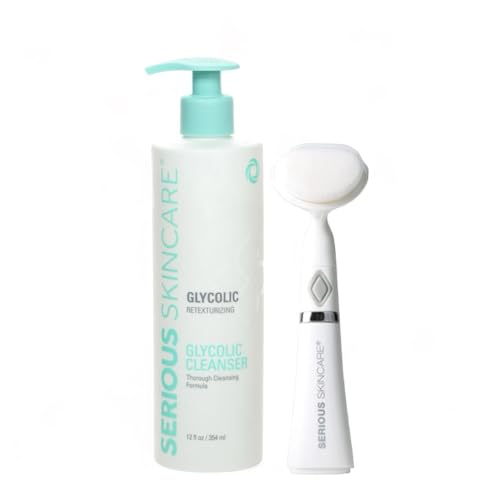Serious Skincare Glycolic Acid Face Wash Cleanser 12 oz. + Ultrasonic Facial Cleansing Brush Tool for Women & Men, Gentle, Creamy, Oil Free + Skin Retexturizing Formula, Makeup +Blackhead Remover
