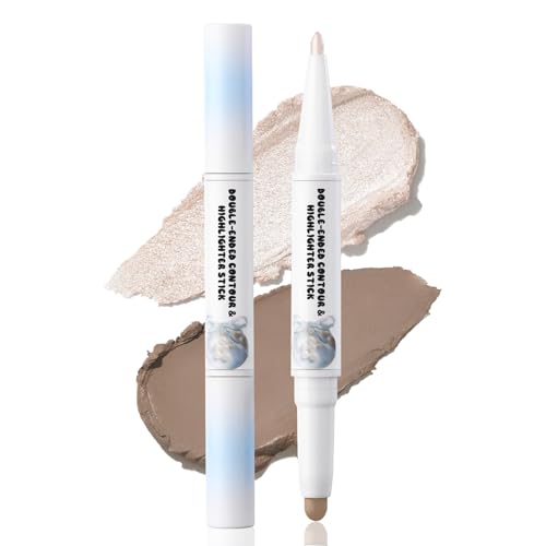 Dual Ended Cool Toned Contour&Champagne Shimmer Highlighter Stick, Cold Grey Creamy Long Lasting Bronzer&Brightener Pen, Blendable Smooth Nose Contouring Stick for Pale Fair Skin Facial Makeup