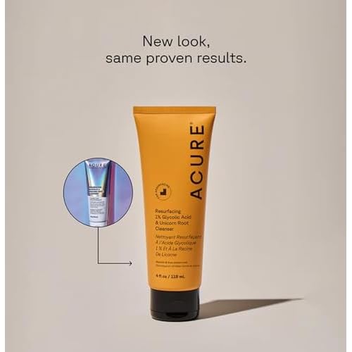 Acure Resurfacing 1% Glycolic Acid & Unicorn Root Cleanser - Exfoliating Face Wash, Glycolic Acid Cleanser for Face, Brightening Anti Aging Cream to Foam Facial Cleanser, Sulfate Free, Vegan - 4 fl oz
