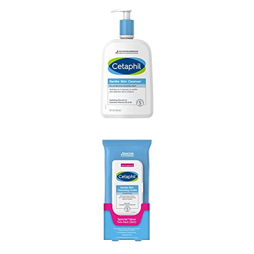 Cetaphil Hydrating Gentle Skin Cleanser for Dry to Normal Sensitive Skin, 20 oz and Gentle Skin Cleansing Cloths, 50 Count
