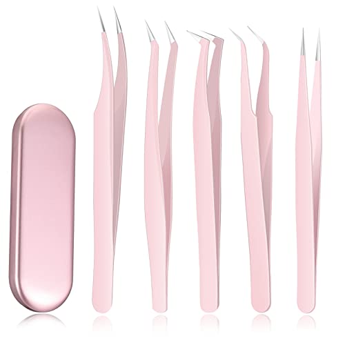 Chumia 5 Pcs Lash Tweezers for Eyelash Extensions High Precision Volume Pink Eyelash Tweezers Stainless Steel Curved Pointed Lash Tool with Box for Women Makeup Beauty Accessories Beginners