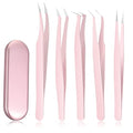 Chumia 5 Pcs Lash Tweezers for Eyelash Extensions High Precision Volume Pink Eyelash Tweezers Stainless Steel Curved Pointed Lash Tool with Box for Women Makeup Beauty Accessories Beginners