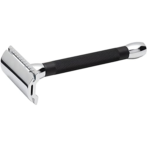 MERKUR 20C Double Edge Safety Razor, Long Handle, Black Anodized Aluminum & Bright Chrome Finish, Three-Piece Design, Closed Comb Straight Bar, Made in Germany