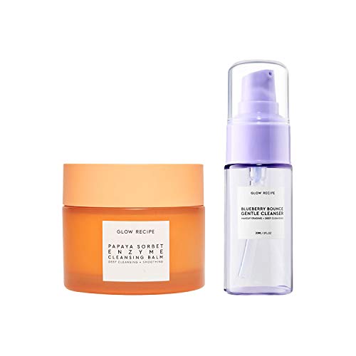 Glow Recipe Double Cleansing Kit for Glowing Skin - Includes Exfoliating Papaya Sorbet Enzyme Cleansing Balm + Mini Blueberry Bounce Gentle Face Cleanser - 2-Piece Facial Skincare Kit