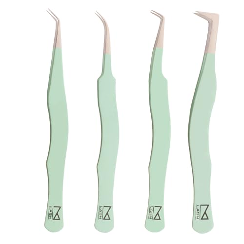 M LASH Eyelash Tweezers for Eyelash Extensions (Set of 4) - Professional Lash Extension Tweezers - Fiber Tip Lash Tweezers, Japanese Steel, Diamond Grip For Flawless Application (Green)