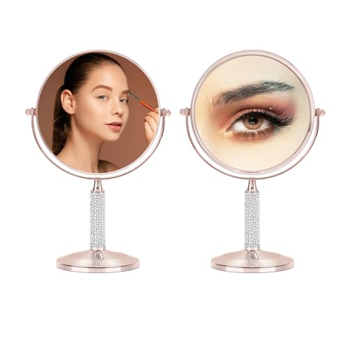 7"Rose Gold Glitter Diamond Rhinestone Makeup Mirror,360¡ÆRotate Round Tabletop Vanity Mirror Double Sided 1X/10X HD Undistorted Magnifying Mirror,Portable Vanity Women Gift (No Lamp Rose Gold)