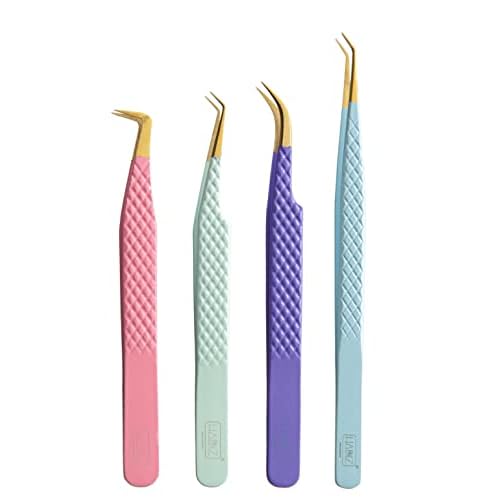 HADIZ Fiber Tip Tweezers Set of 4 Diamond Grip Eyelash Extensions Tweezers Japanese Stainless Steel Lash Tweezer (Combination)