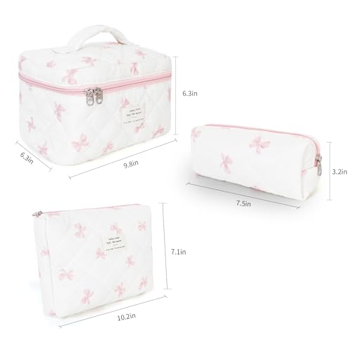 3Pcs Makeup Bag Cotton Quilted Travel Cosmetic Bag Cute Floral Makeup Pouch Large Toiletry Bag for Women Girls (Bow-Pink)