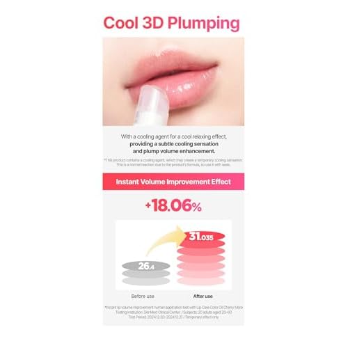Lip Care Color Oil 0.34 Fl Oz, Vegan Tinted Lip Oil with Jelly Massager for Dry Lips, Hydrating & Cooling Lip Treatment, Long-Lasting Glow & Volume, Korean Lip Oil, BeginS (Cherry More)