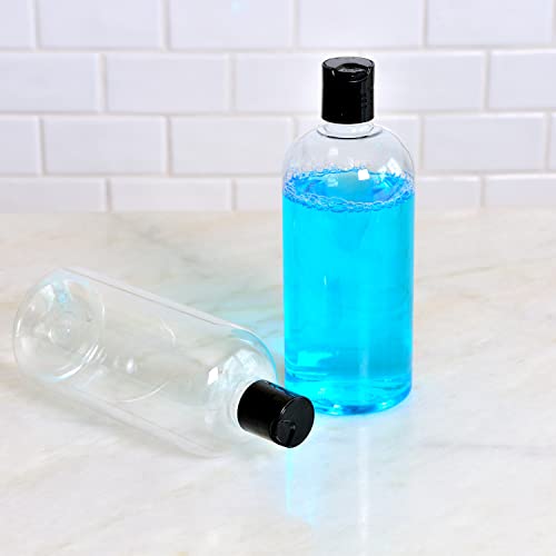 Youngever 6 Pack 16 Ounce Empty Squeeze Containers with Disc Cap, Plastic Bottles with Disc Top Flip Cap, Refillable Cosmetic Bottles, Squeeze Containers (Black Cap)