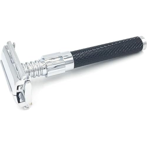 Parker 92R Graphite Gray, Long Handle Heavyweight Butterfly Open Double Edge Safety Razor for Men, 5 Parker Premium Platinum Double Edge Razor Blades Included