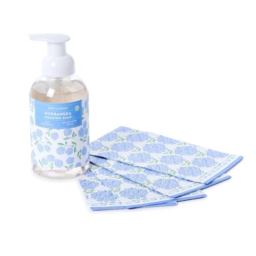 Two's Company Hydrangea Flower Scented Foaming Soap with 20 Pieces Guest Towels Set