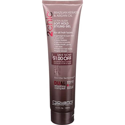 GIOVANNI 2chic Ultra-Sleek Soft Hold Hair Styling Gel, 5.1 oz. - Brazilian Keratin & Argan Oil, Glossy Finish, Enriched with Jojoba, Aloe, Coconut, Pro-Vitamin B-5, Paraben Free, Color Safe