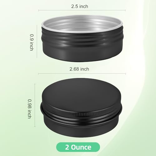 YQ 60 Pack 2oz Tins with Lids, Salve Tins Round Aluminum Tin with Lids, 2 oz Metal Tin Cans with Lid and Label, Refillable Black Containers for Balm,Beads,Weeds,Seeds,Salve,Spices and Homemade Candles