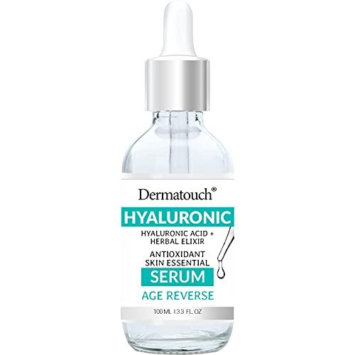 Dermatouch Hyaluronic Acid Serum With Peptides, Rose Extract, and Vitamin C, A, & E, Daily Herbal Face Serum With Vitamins and Antioxidants, Clean Skin Care, Vegan, Non GMO, Made in USA, 3.3 Fl Oz