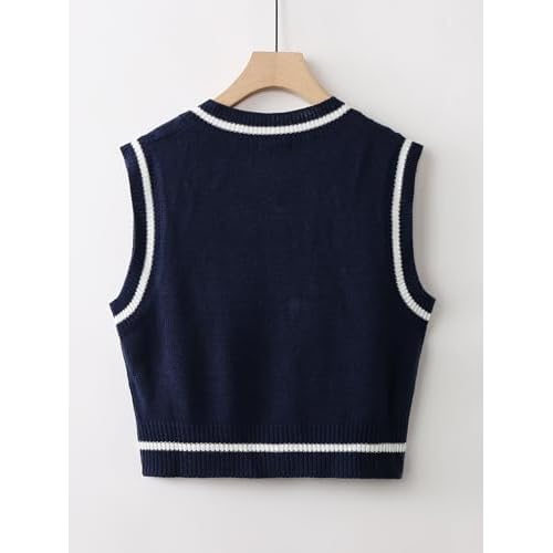 Floerns Women's V Neck Letter Striped Trim Sleeveless Sweater Vest Knit Top
