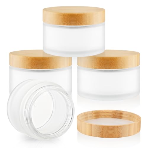 4 Pack 200ml/6.8 oz Glass Jars,Refillable Round Wide-mouth Jars Pot with Bamboo Lids,Empty Cosmetic Storage Containers for Lotion,Spice,Powder,Body Butter,Moisturiser,Cream,Candle Making (Frosted)
