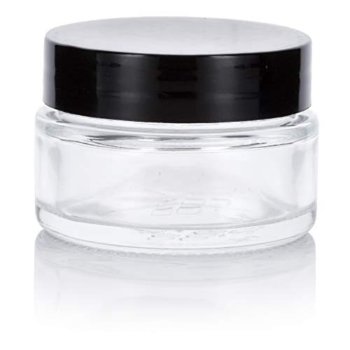 Clear Glass 0.50 oz / 15 ml Low Profile Thick Wall Balm Jars (6 pack, Black Smooth Foam Lined Lids)