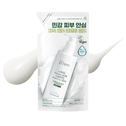 MAKE P:REM Safe Me. Relief Moisture Cleansing Milk, Hydrating Gentle Face Wash for Sensitive Skin with Soy Protein, Korean Milky Cleanser, Korean Skin Care, 3.38 fl.oz (100ml, Refill Pouch)