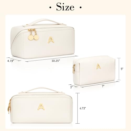Birthday Gifts for Women Teen Girl, Personalized Initial Makeup Organizer Bag Set, Open Flat Travel Cosmetic Bag With Clear Divider and Handle(Large-Beige,A)