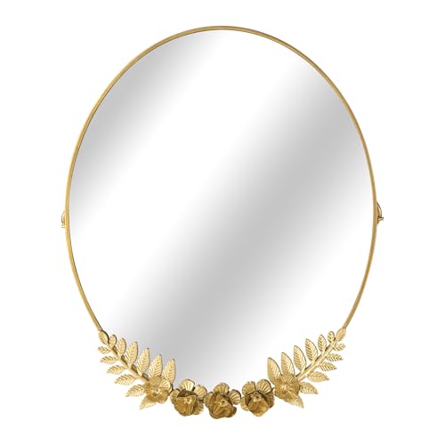 Golden Desk Oval Makeup Mirror with Blossoming Floral Accents ? Lightweight Decorative Tabletop Vanity Mirror for Living Room, Bedroom, 10.04 x 11.81 Inches
