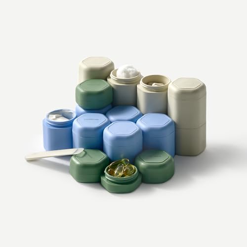 Cadence Travel Containers - 2 Piece Haircare Set - Magnetic Travel Capsules - For Shampoo, Conditioner, Hair Styling Product - 1 Small & 1 Medium Capsule - Shampoo & Conditioner Labels - Evergreen