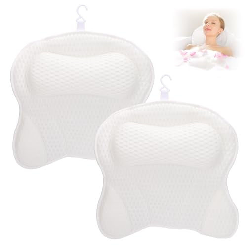 2 Pack Bath Pillow for Tub, Luxury Bathtub Pillow with Head, Neck, Shoulder and Back Support Soft 4D Mesh Bathtub Pillows with 6 Suction Cups - White