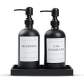 Ahill Soap Dispenser Set - Black Refillable Glass Bottle(2 PACK 16 Oz), Stainless Steel Pump, Waterproof Labels, Silicone Dry Tray - Upgrade for Your Kitchen and Bathroom