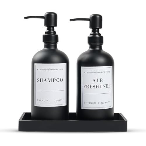 Ahill Soap Dispenser Set - Black Refillable Glass Bottle(2 PACK 16 Oz), Stainless Steel Pump, Waterproof Labels, Silicone Dry Tray - Upgrade for Your Kitchen and Bathroom