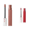 MAYBELLINE Super Stay Matte Ink Liquid Lipstick Bundle with Seductress Light Rosey Nude and Pioneer Blue Red Shades, 1 Count Each