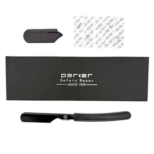 Parker Director Black Non-Folding Straight Barber Razor ? Japanese-Style Razor with Stainless Steel Arm, Blade Protector Cap & Ergonomic Non-Slip Handle ? Ideal for Professionals - 5 Blades Included