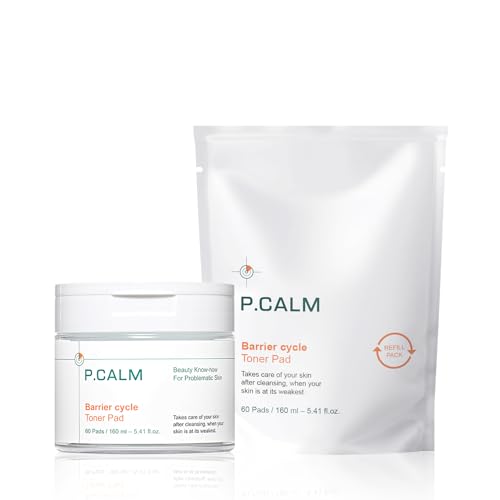 P.CALM Barrier Cycle Toner Pad Refill Pack ? 120 Pads (60 + 60) with Centella Asiatica & Papaya Extract for Soothing, Moisturizing & Exfoliating, Korean Vegan Facial Toners Pads for Sensitive Skin