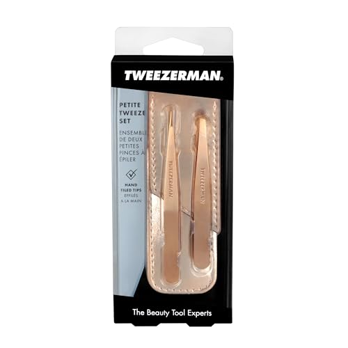 Tweezerman Rose Gold Petite Point and Slant Set with Travel Case, (Pack of 2)