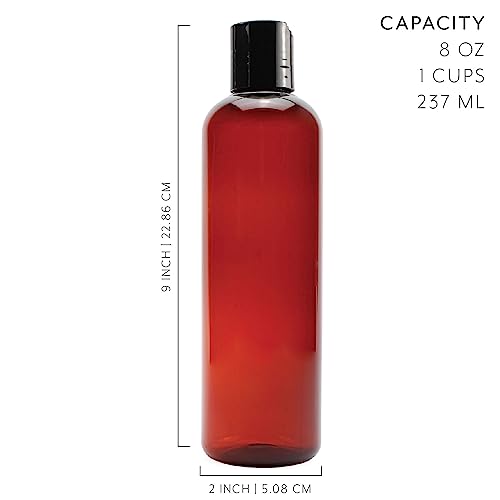 Cornucopia Brands 8oz Plastic Bottles w/Disc Top Flip Cap (18-Pack); BPA-Free Containers For Shampoo, Lotions, Liquid Body Soap, Creams (8 ounce, Amber Brown)