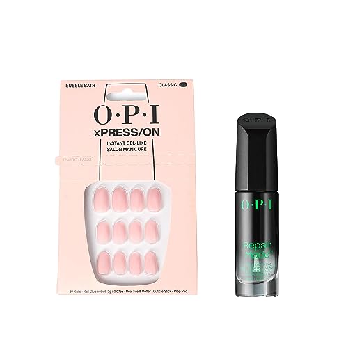 Bundle of OPI xPress/On Press On Nails, With Nail Glue, Short Neutral Nails, Bubble Bath + OPI Repair Mode Bond Building Nail Serum, Clear, 0.3 fl oz